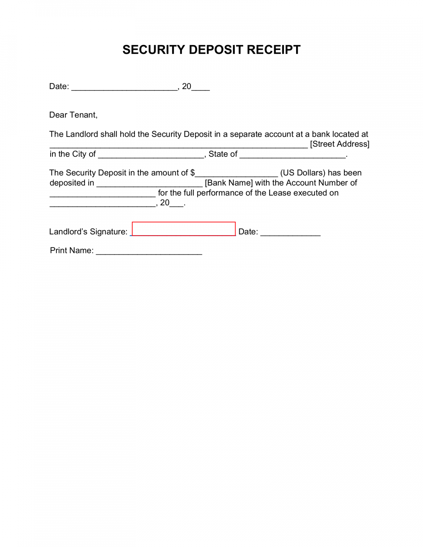 Free Security Deposit Receipt Template - PDF  Word – eForms