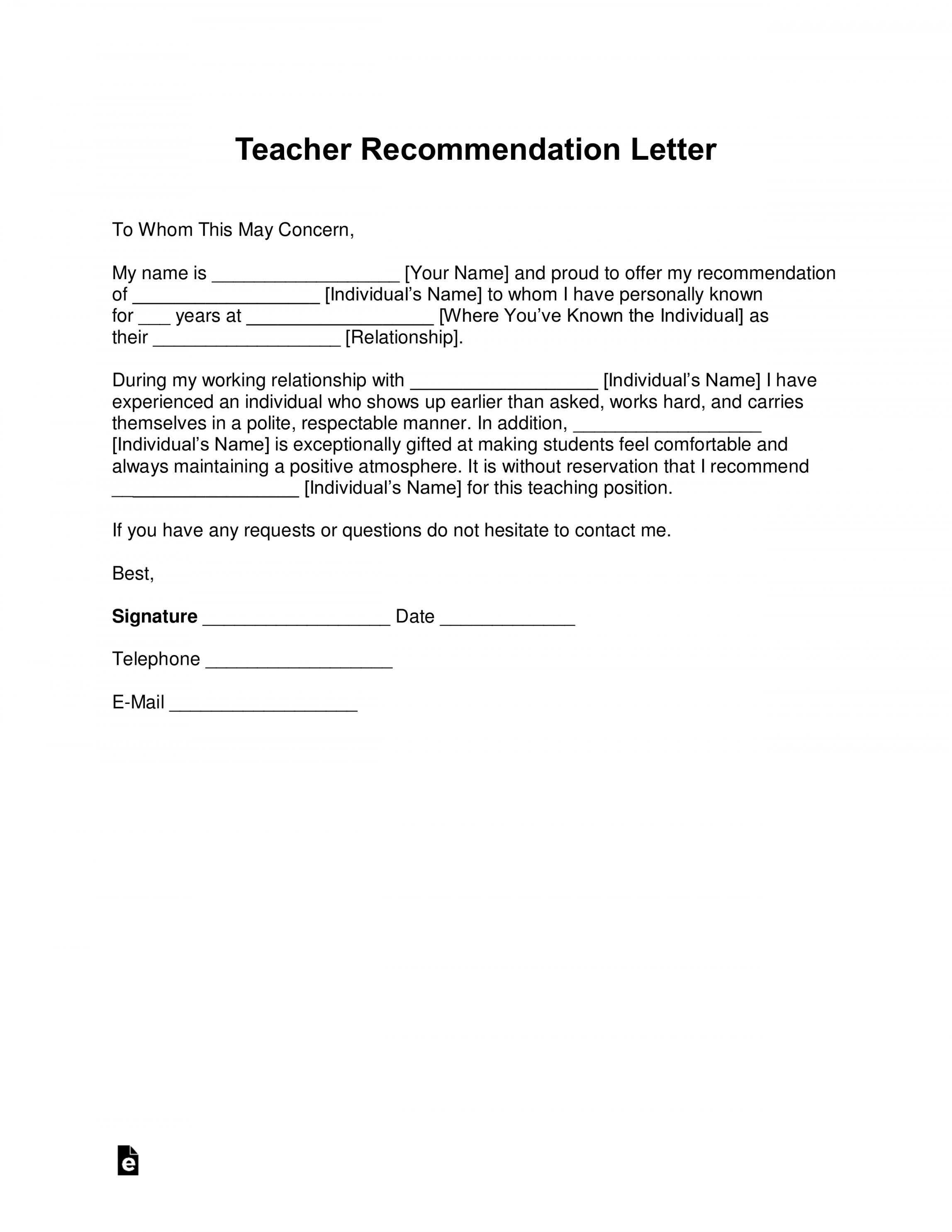 Free Teacher Recommendation Letter Template - with Samples - PDF