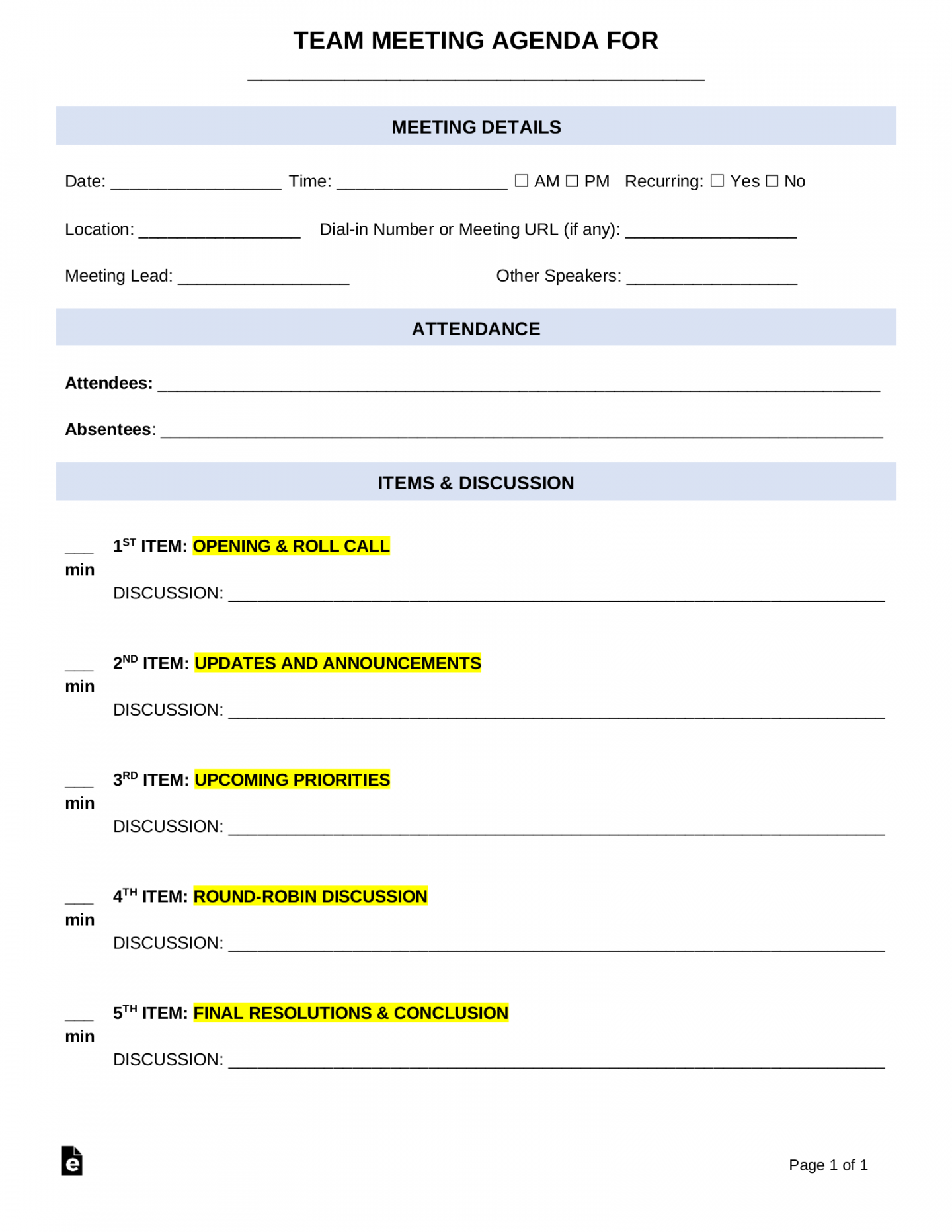 Free Team Meeting Agenda Template  Sample - PDF  Word – eForms