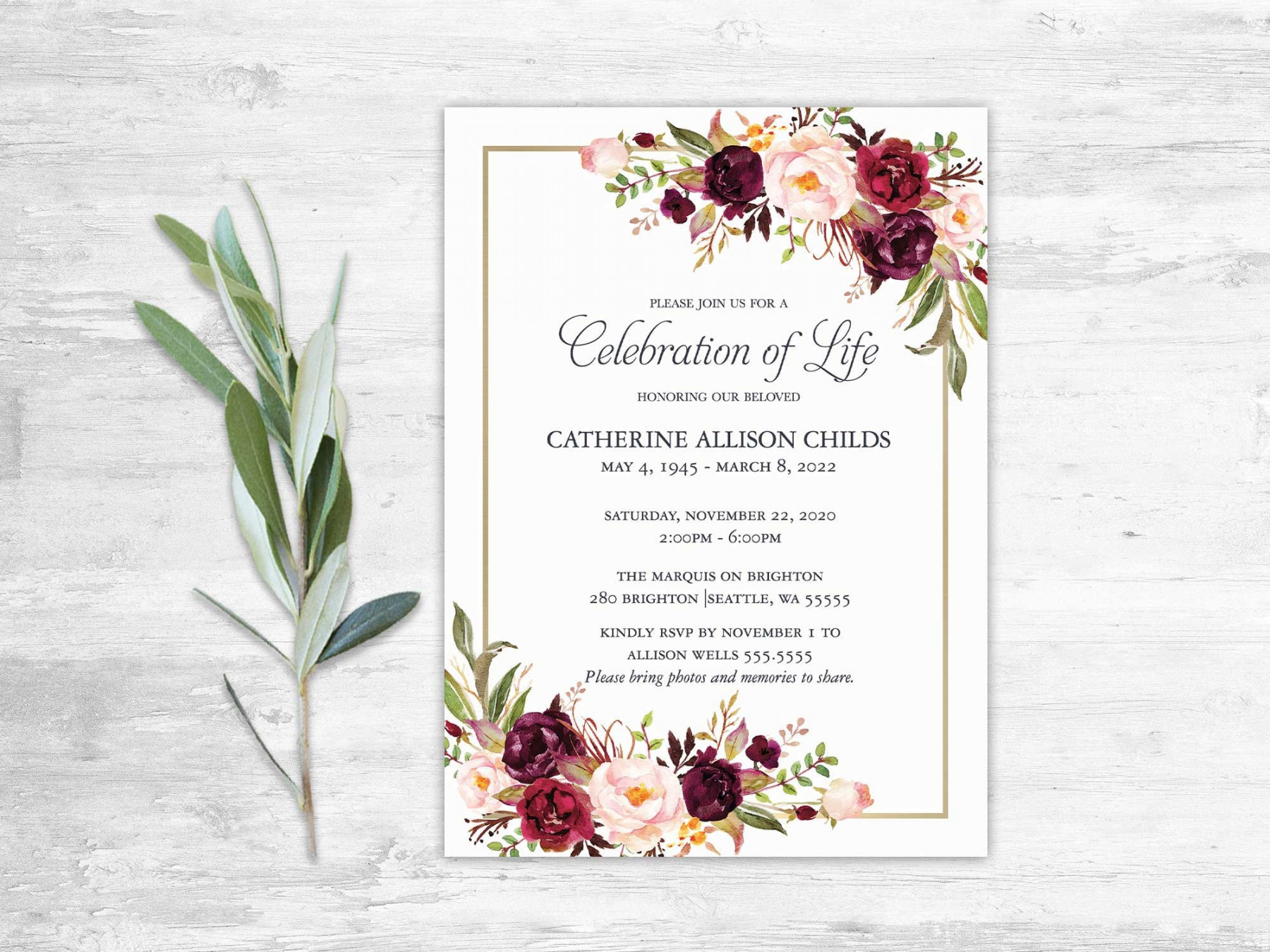 Funeral Card Funeral Invitation Printable Celebration of - Etsy