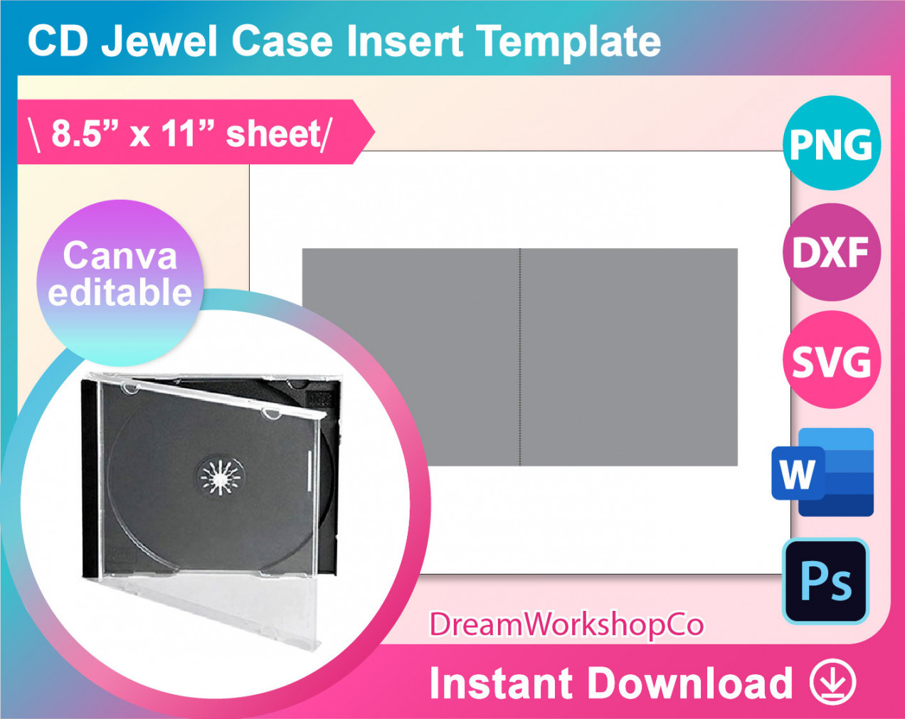 Jewel Case CD Einlage Vorlage, Jewel Case Einlage, MS Word, Canva, PSD,  Png, SVG, Dxf, ,x" Bogen, printable, Instant Download