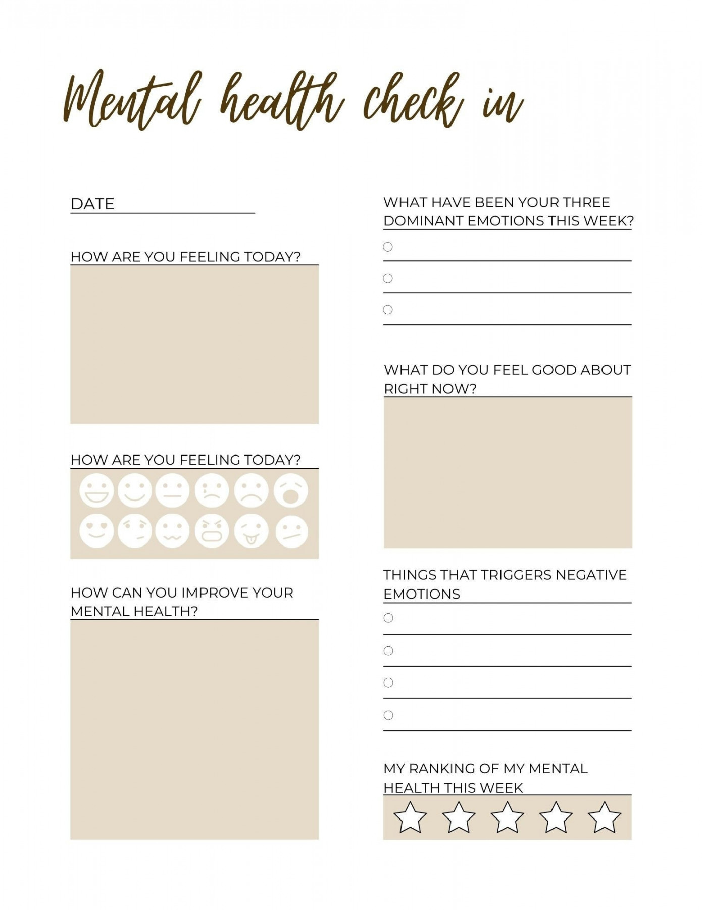 Mental Health Daily und Weekly Check in Journal Worksheet - Etsy