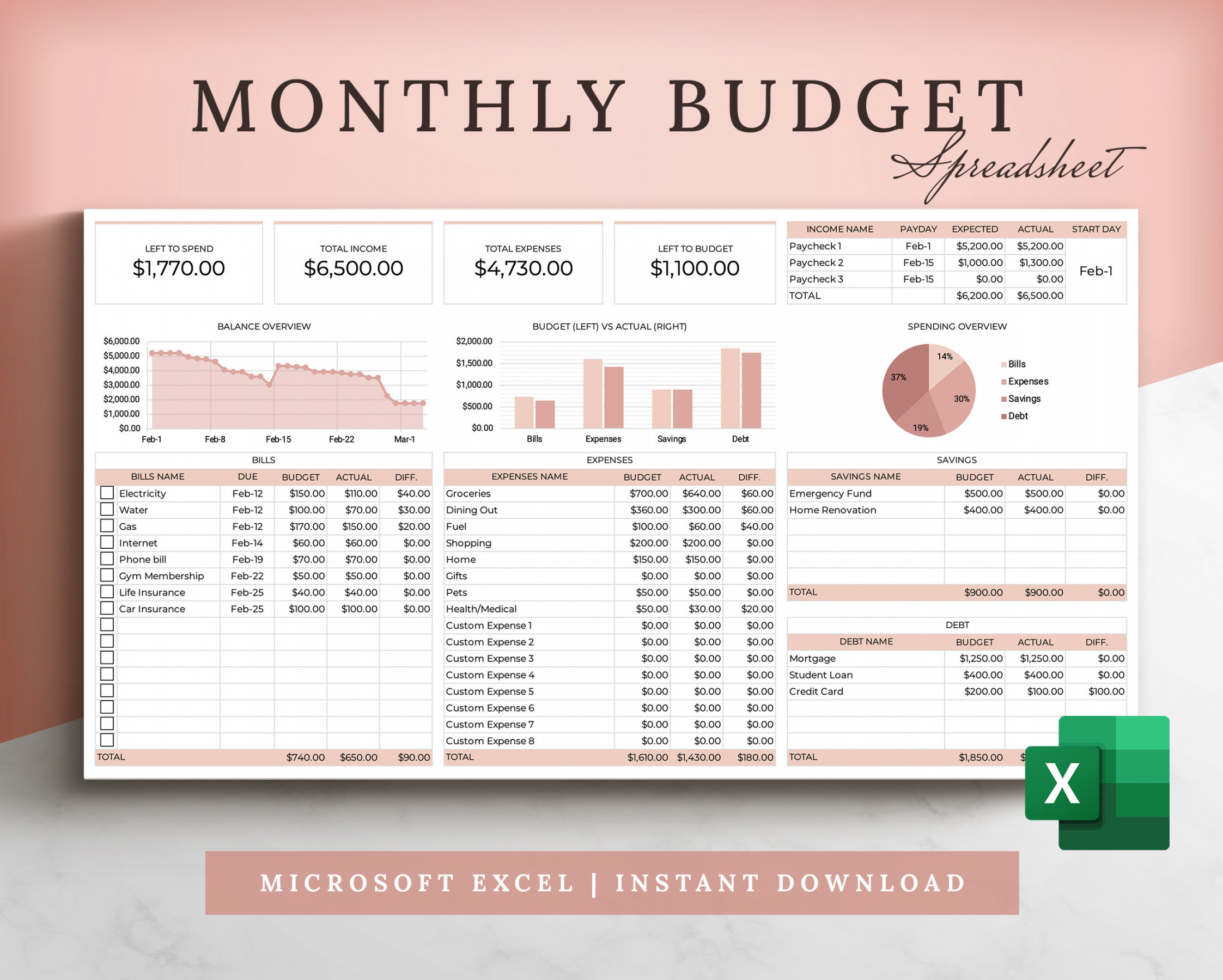 Monthly Budget Spreadsheet Template for Excel Budget Sheet - Etsy