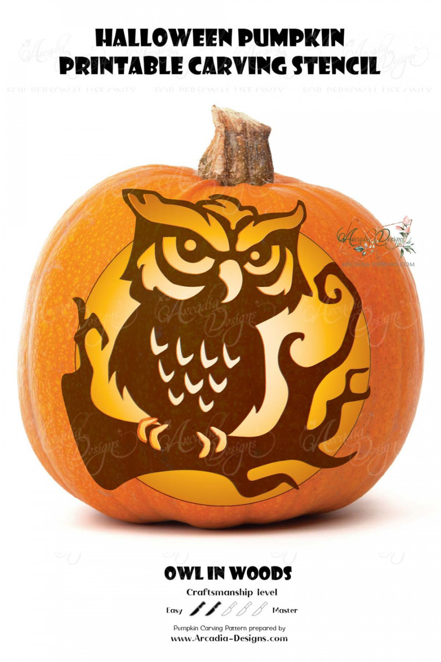 Owl in the Woods Printable Halloween Pumpkin Carving Pattern