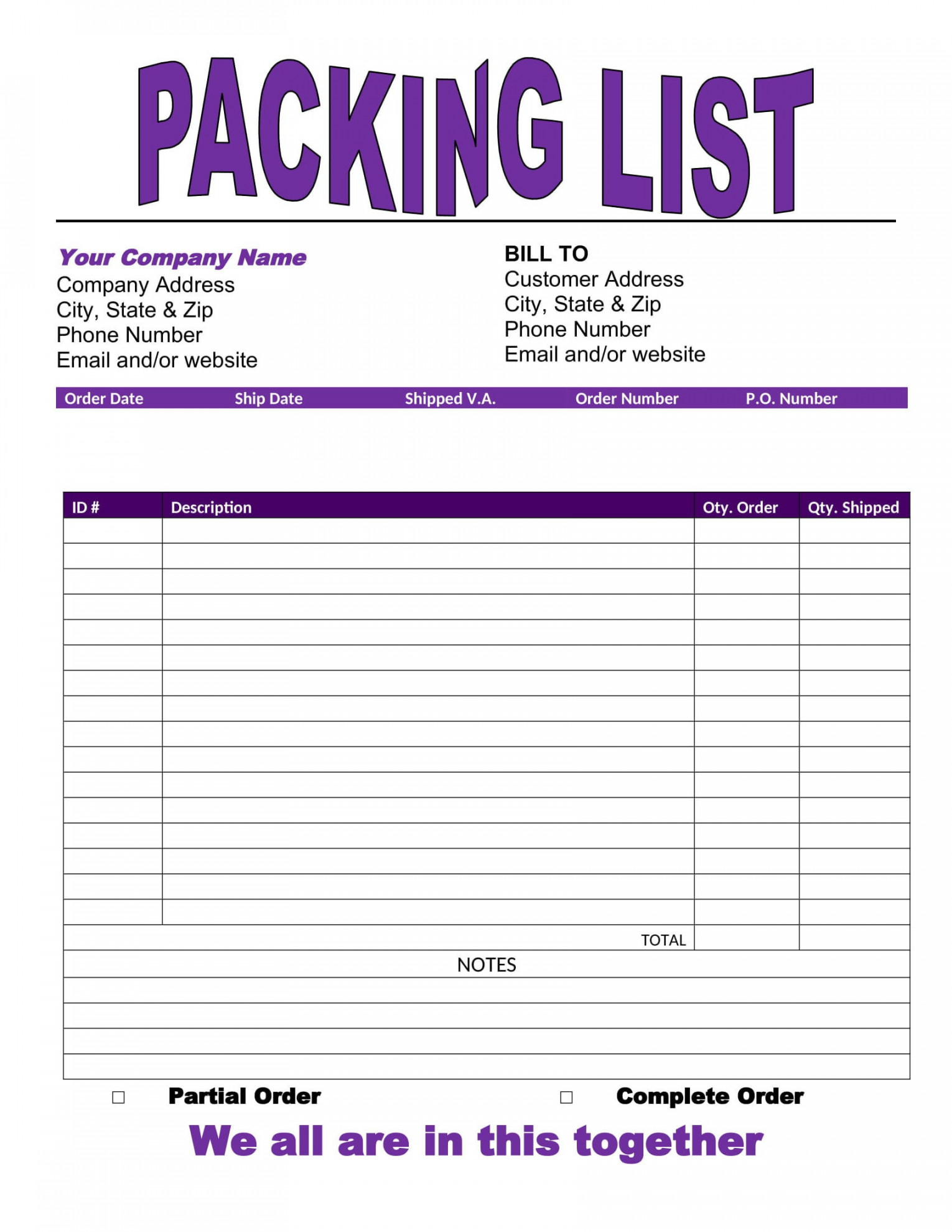 Packing List Template  Purple  Printable Packing List  Order Form  Word  Packing List Template  Word Template  Printable