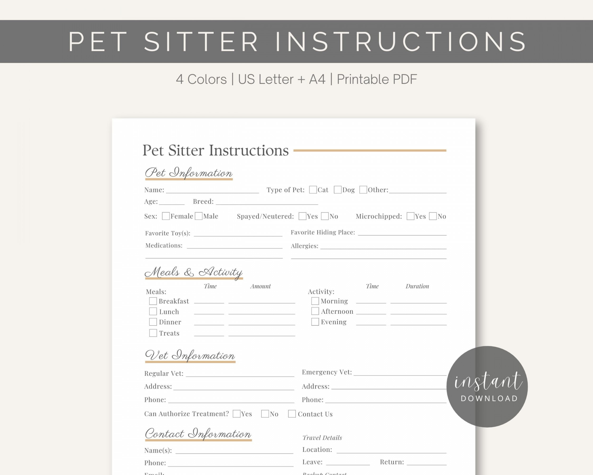 Pet Sitter Instructions Printable PDF Owner Info Template - Etsy