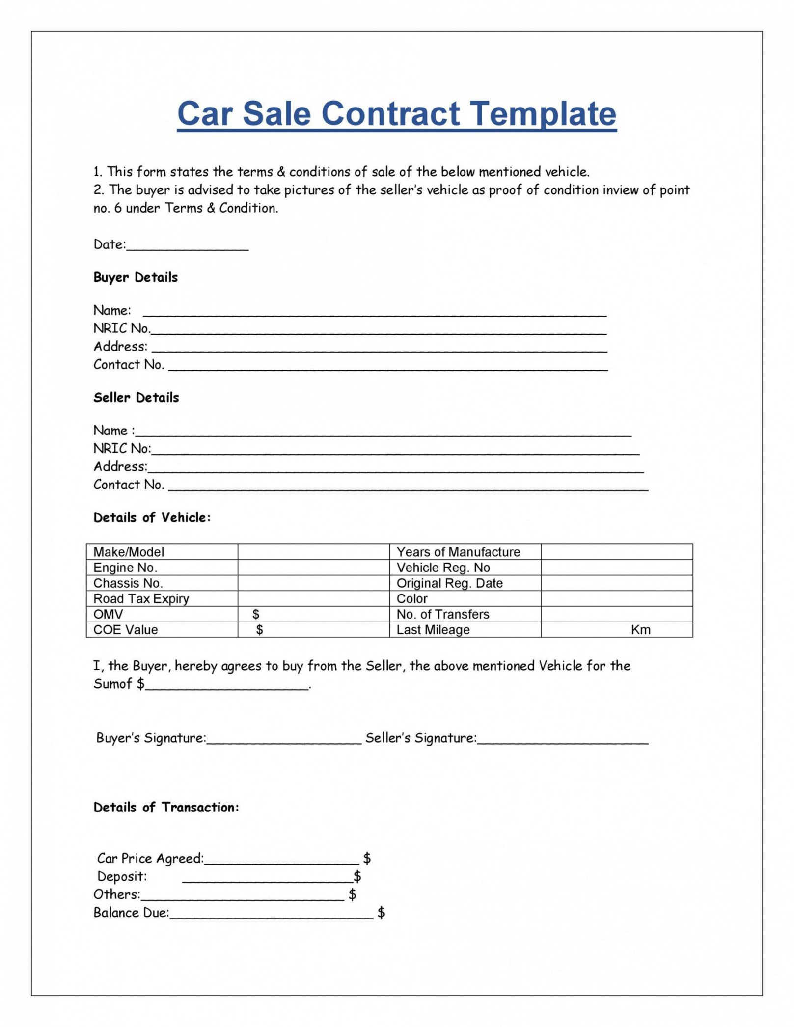 printable  printable vehicle purchase agreement templates