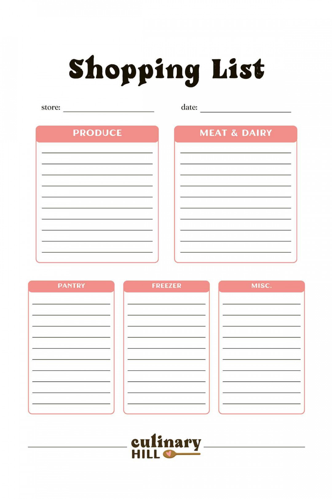 Shopping List Template - Culinary Hill