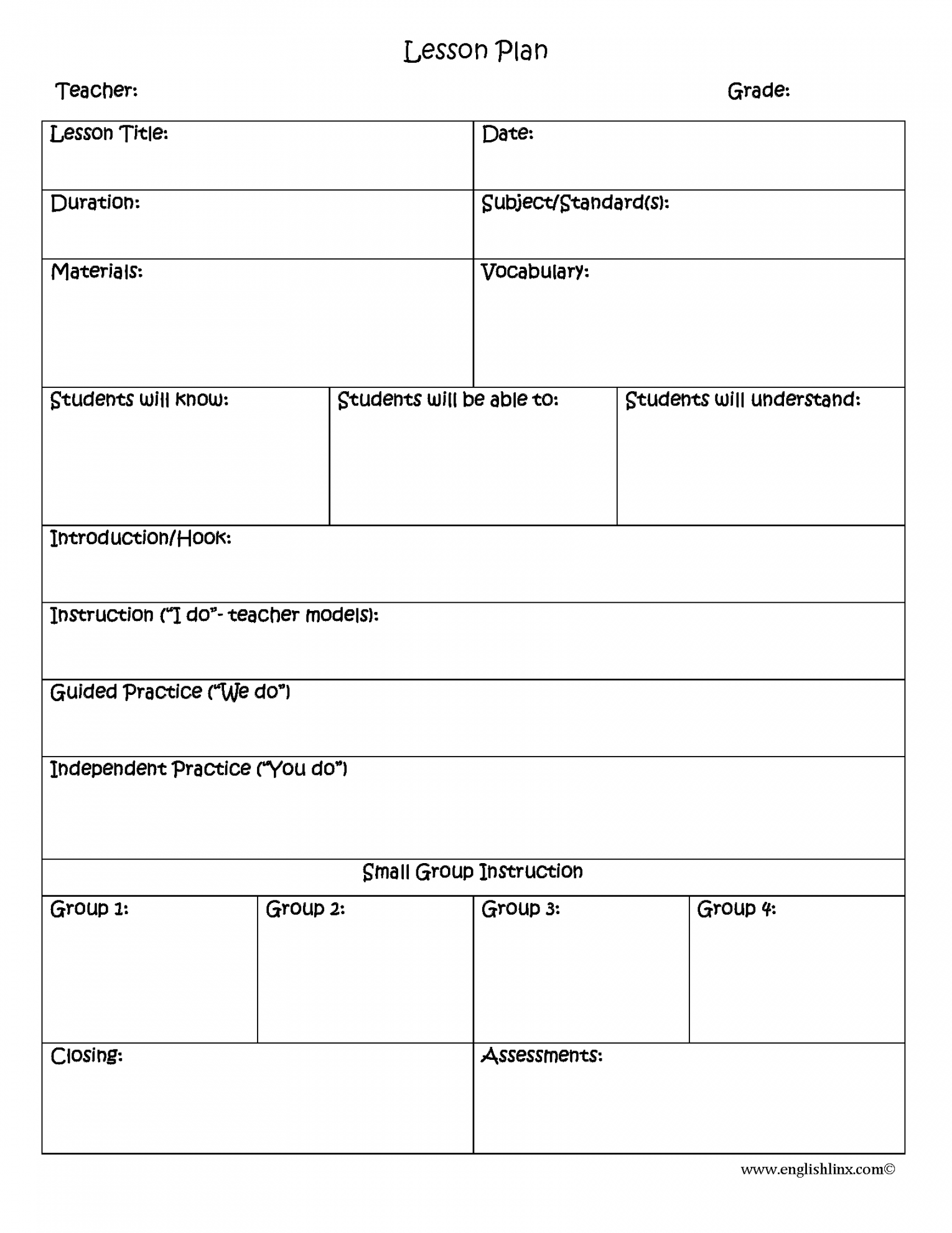 Small Group Lesson Plan Template  Lessons template, Printable