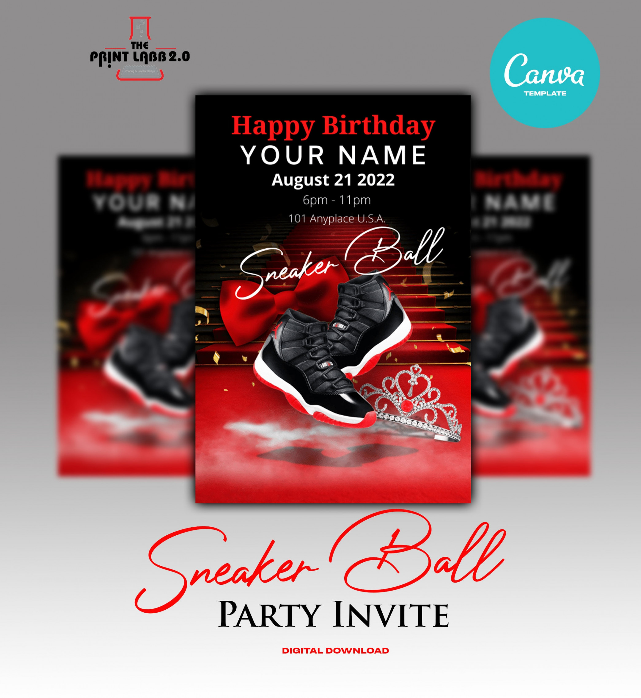 Sneaker Ball - Geburtstag Printable Invite Template - Sneaker - Geburtstag  - Geburtstagsparty - Editierbar - Rot und Schwarz