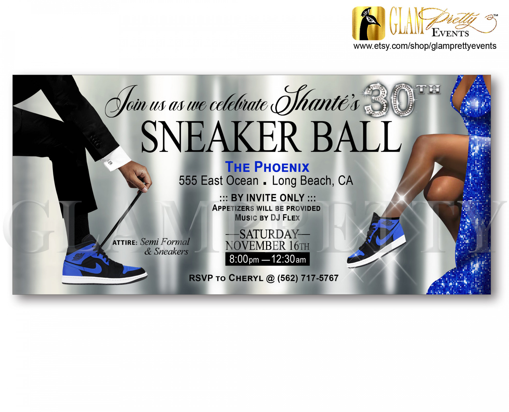 Sneaker Ball Party Invitation Silver Royal Blue th Birthday