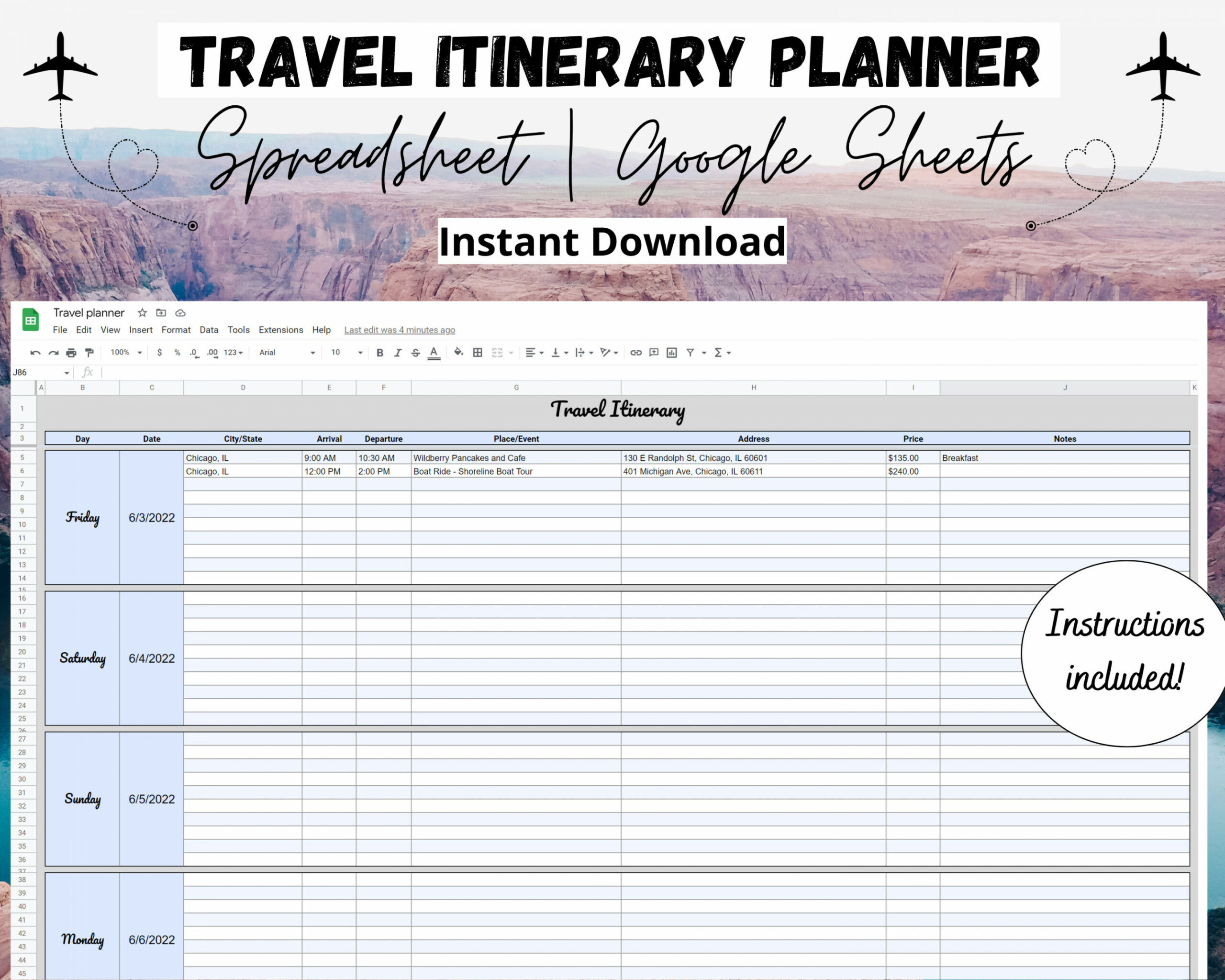 Travel Itinerary Template Google Sheets Vacation Planner - Etsy