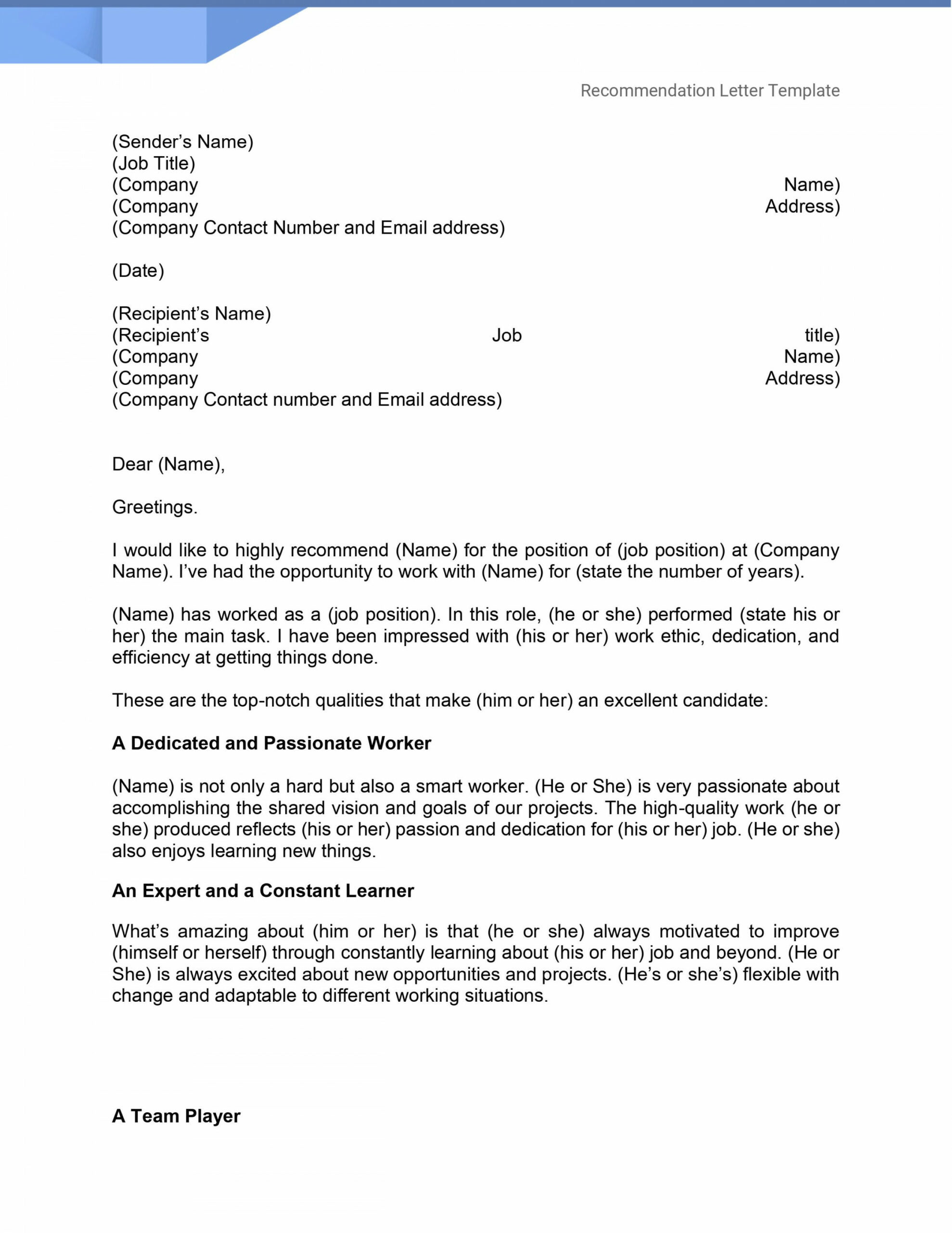 Word Recommendation Letter Template