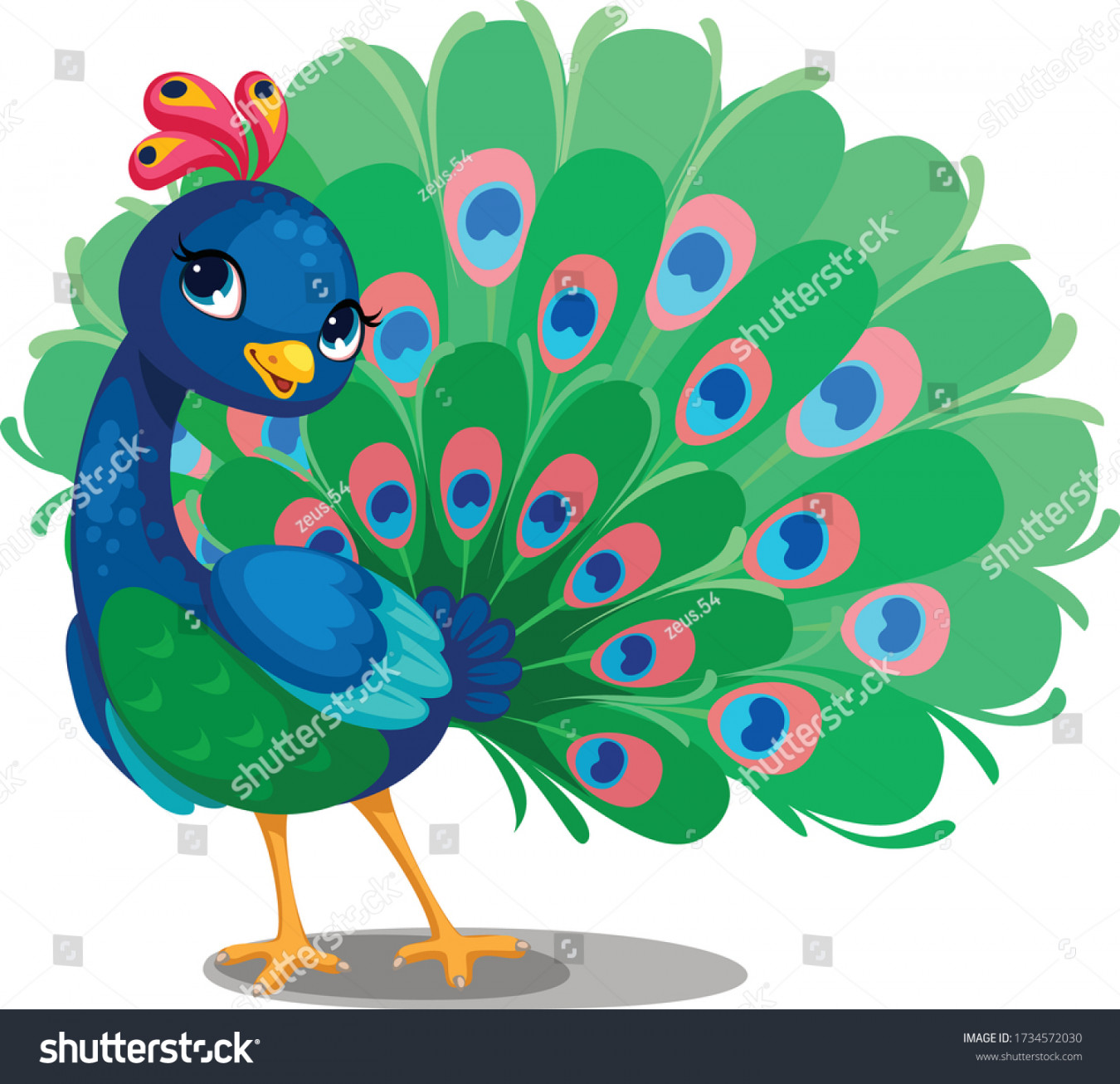 Beautiful Peacock Cartoon Outline Drawing Color Stock Vector