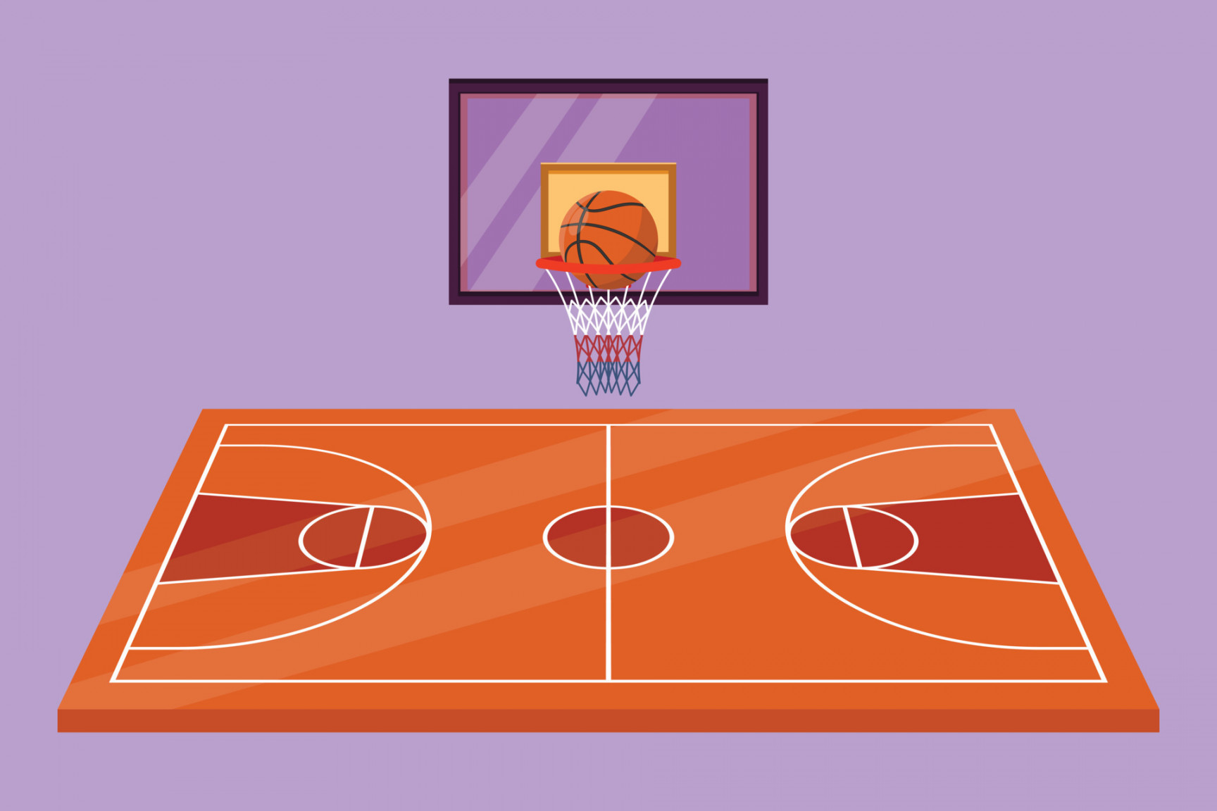 Cartoon flat style drawing basketball court, ball, and hoop