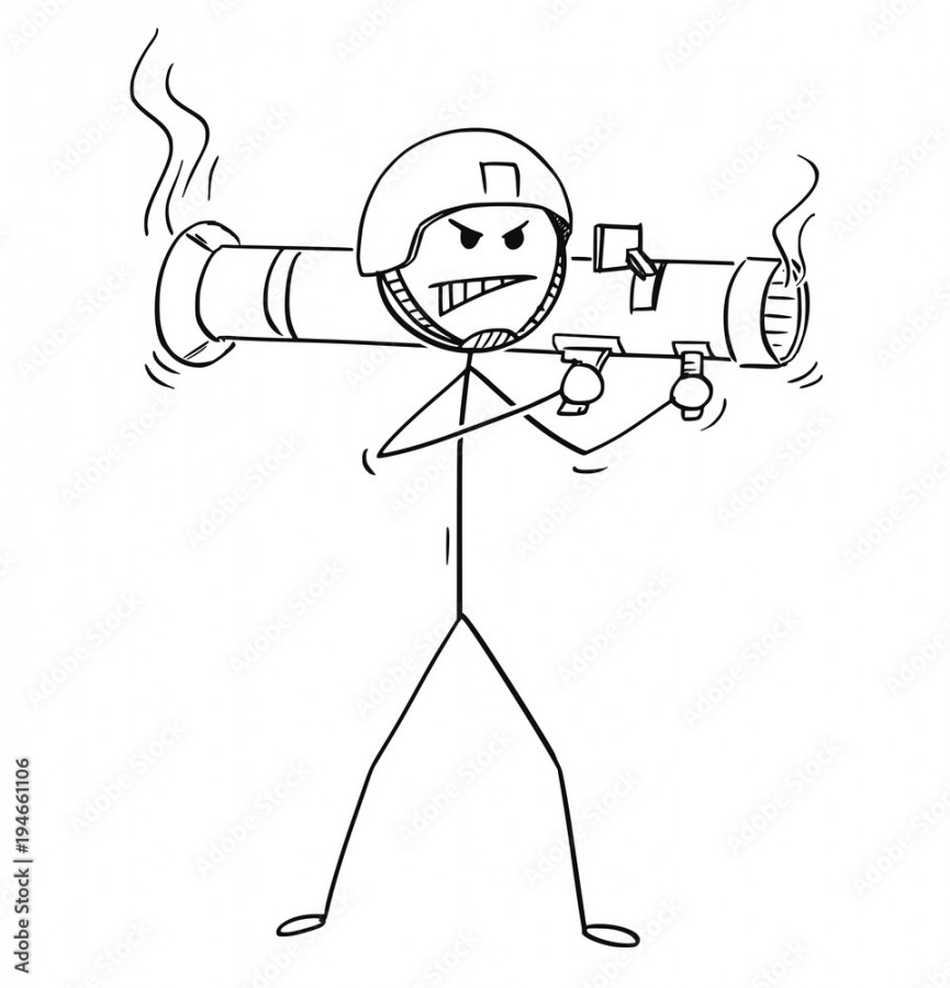 Cartoon stick man drawing conceptual illustration of soldier