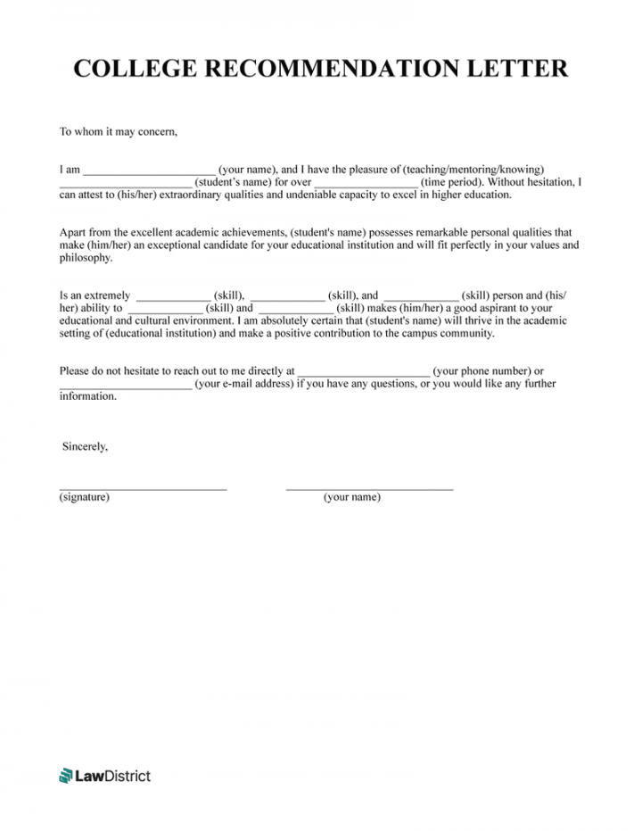 College Recommendation Letter  Sample & Template  LawDistrict