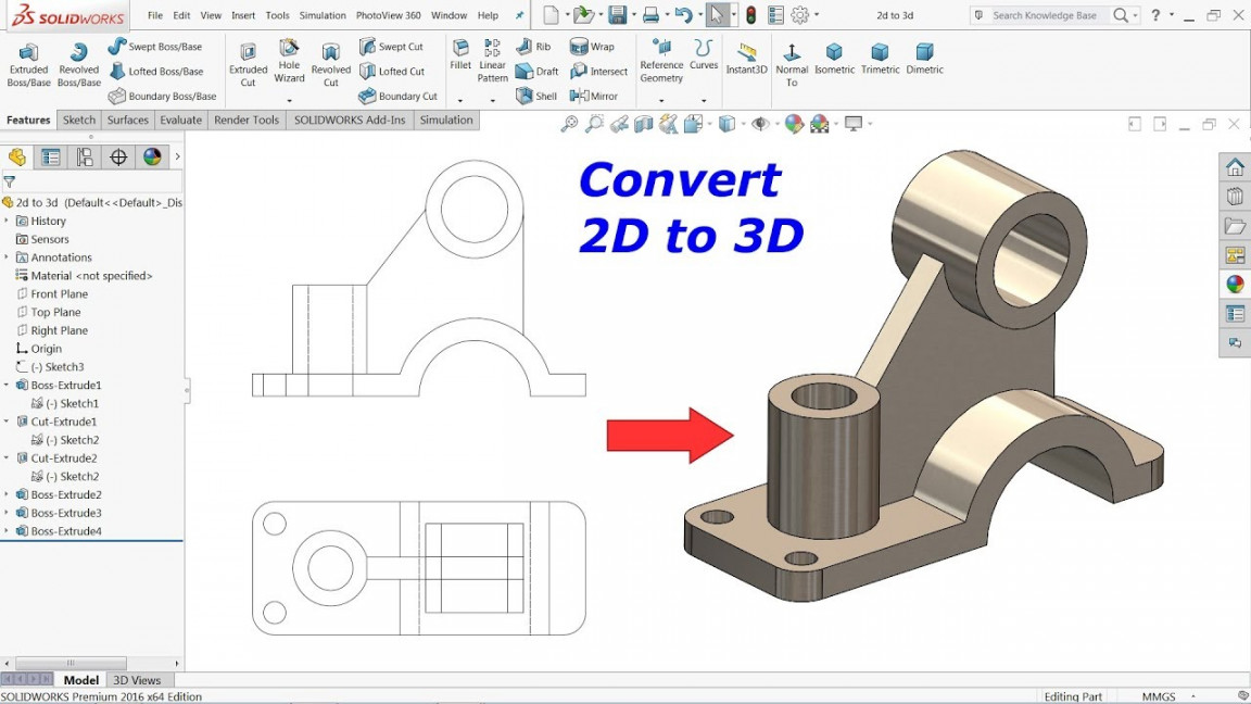 Convert D drawing into D model in Solidworks