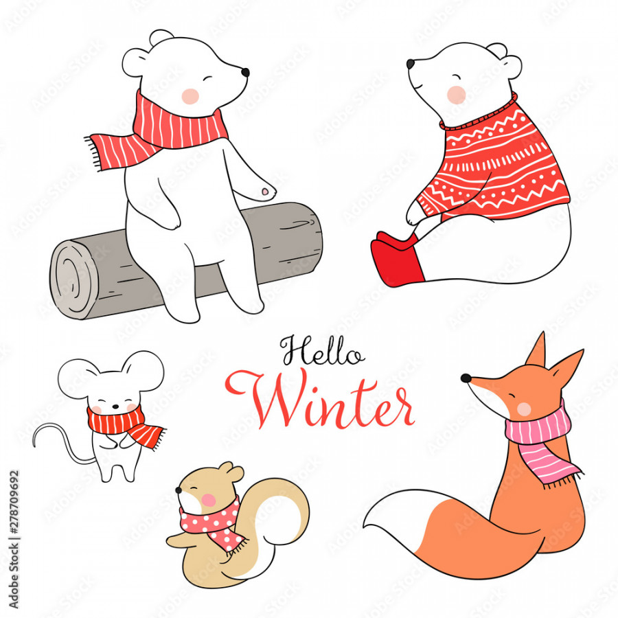 Draw set animal for Christmas day in winter and New year