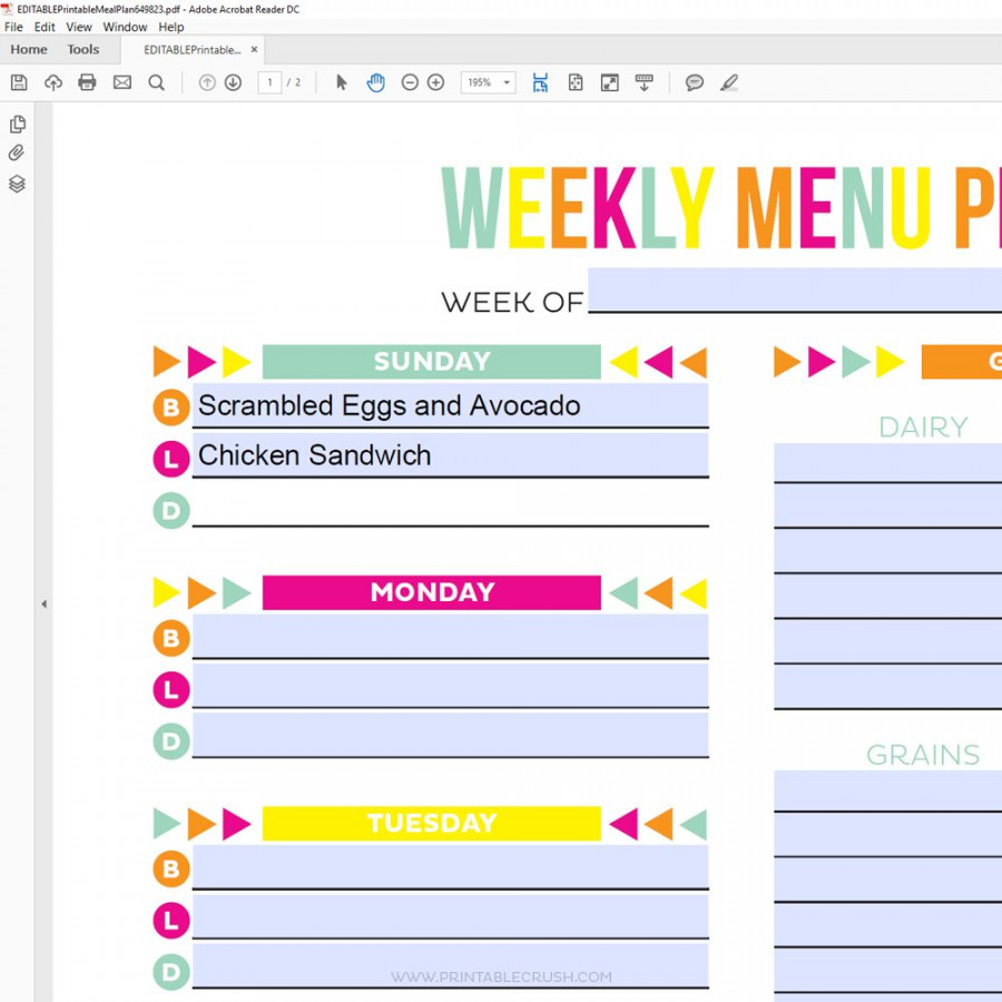 Editable Meal Plan Printable  Weekly meal planner template, Meal