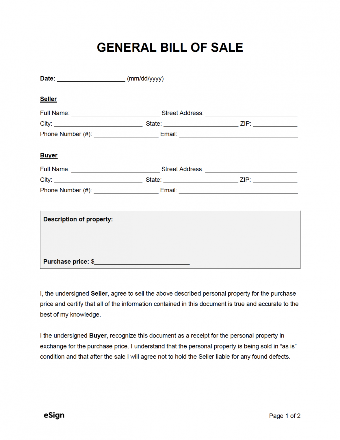 Free General Bill of Sale Form  PDF  Word