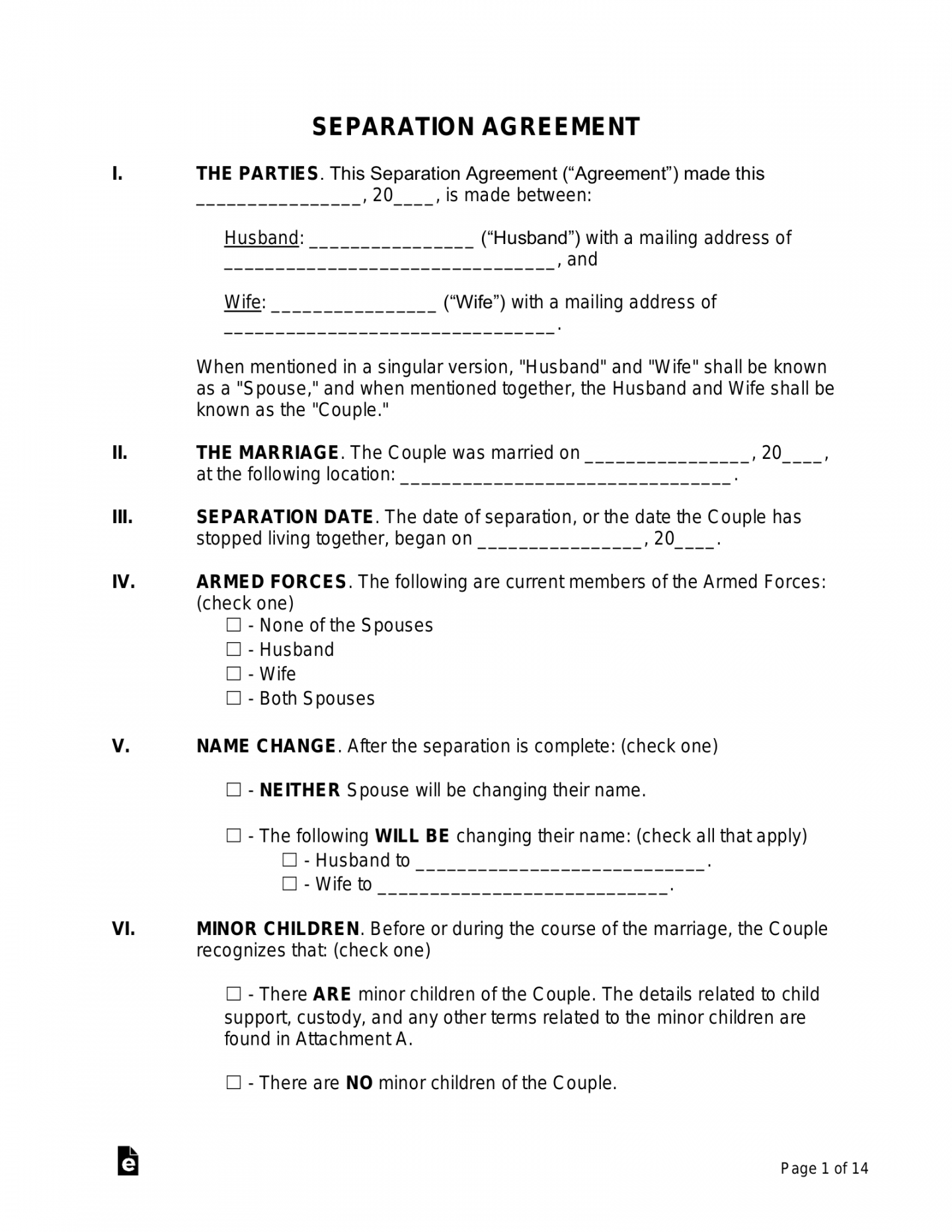 Free Marital Separation Agreement - PDF  Word – eForms