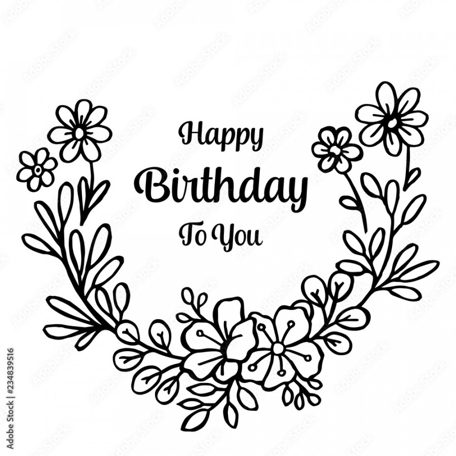 Happy birthday card with flowers hand draw vector Stock