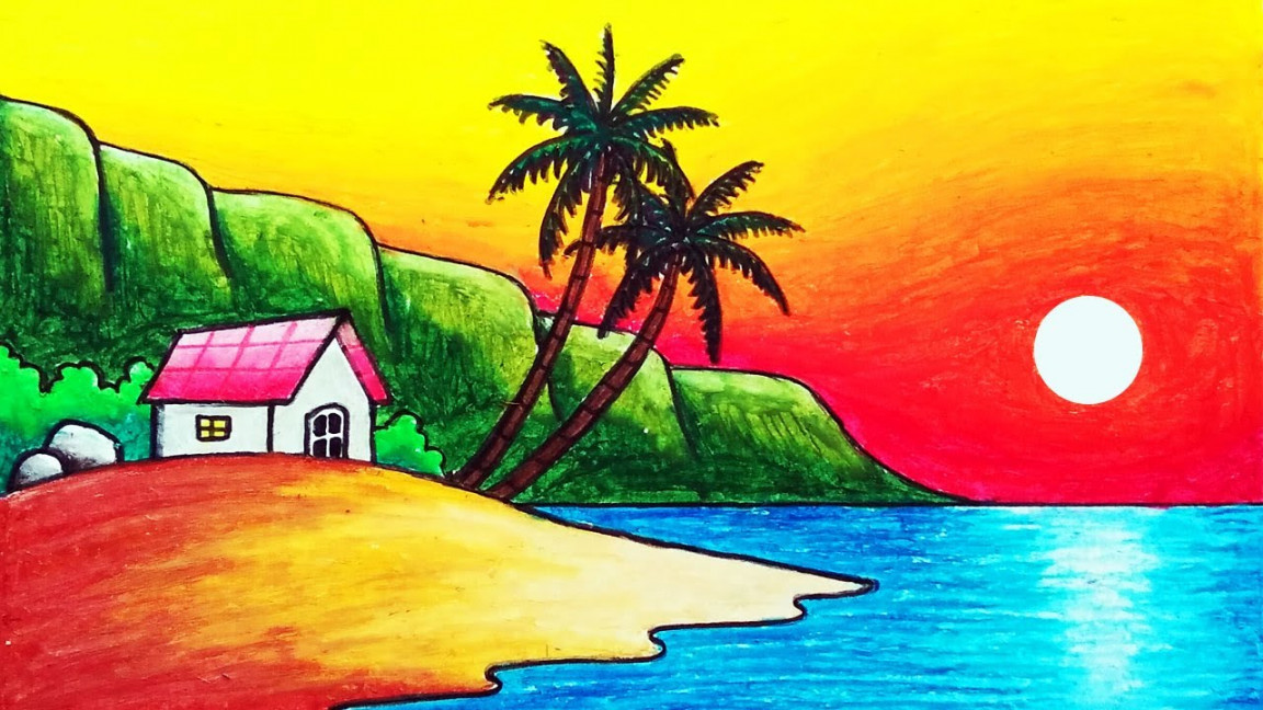 How to Draw Beautiful Sunset in the Beach Scenery Drawing