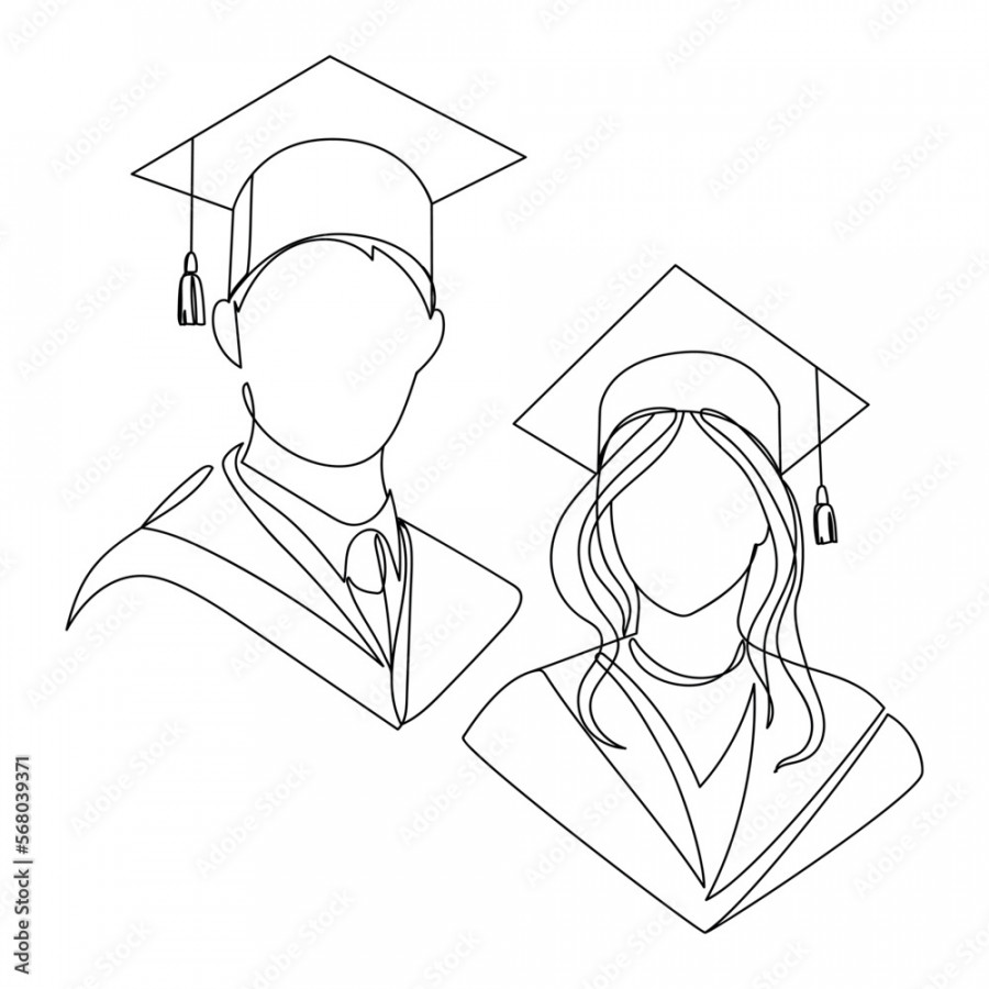 Line art Students graduates in square academic caps sketch drawing