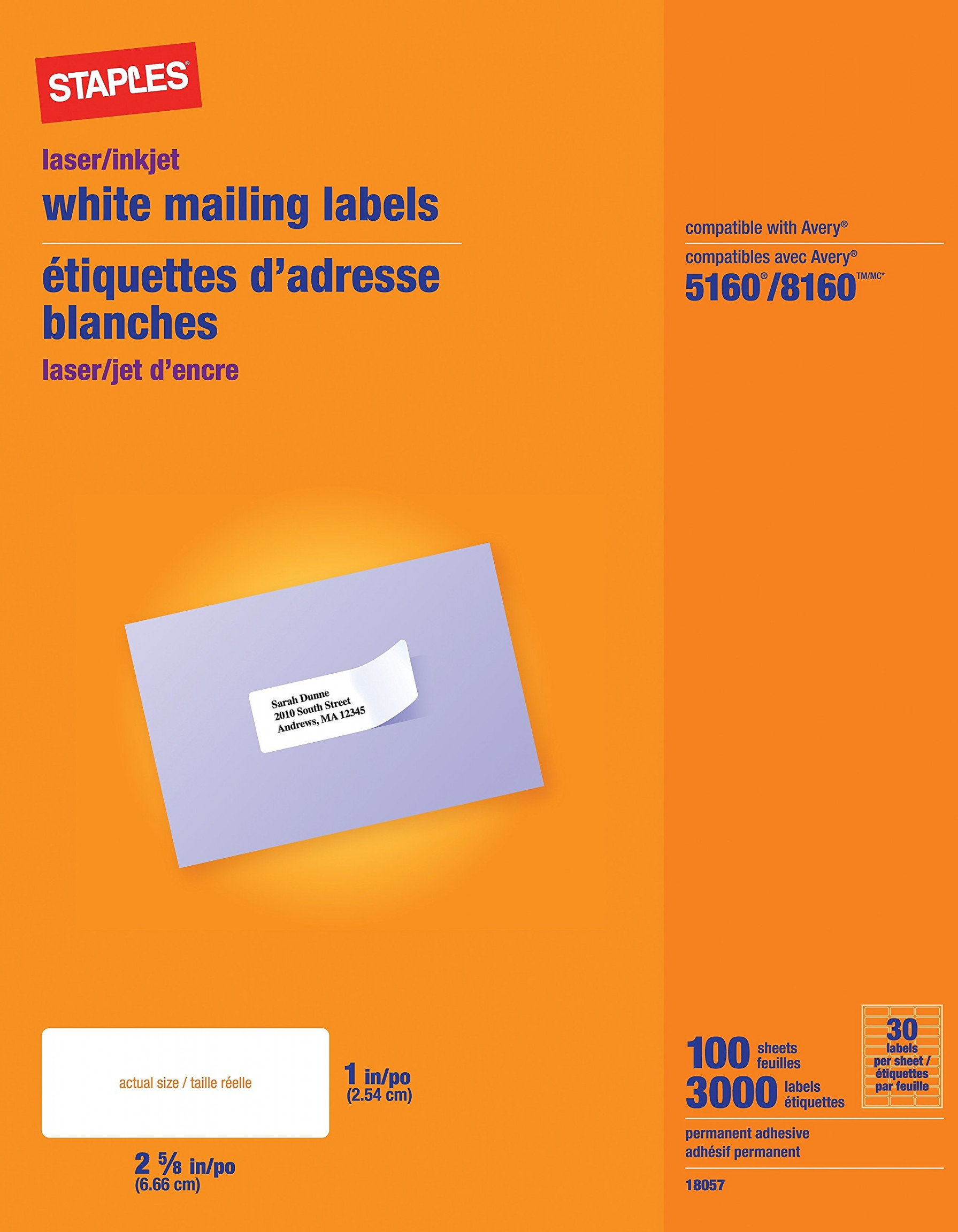 Staples White Mailing Labels for Laser Printers,  x