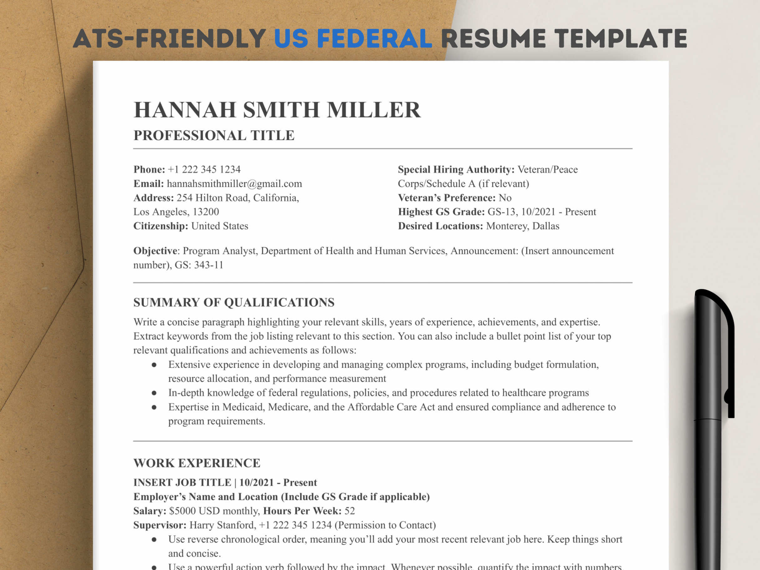 US Federal Resume Template  Word & Google Docs - Etsy