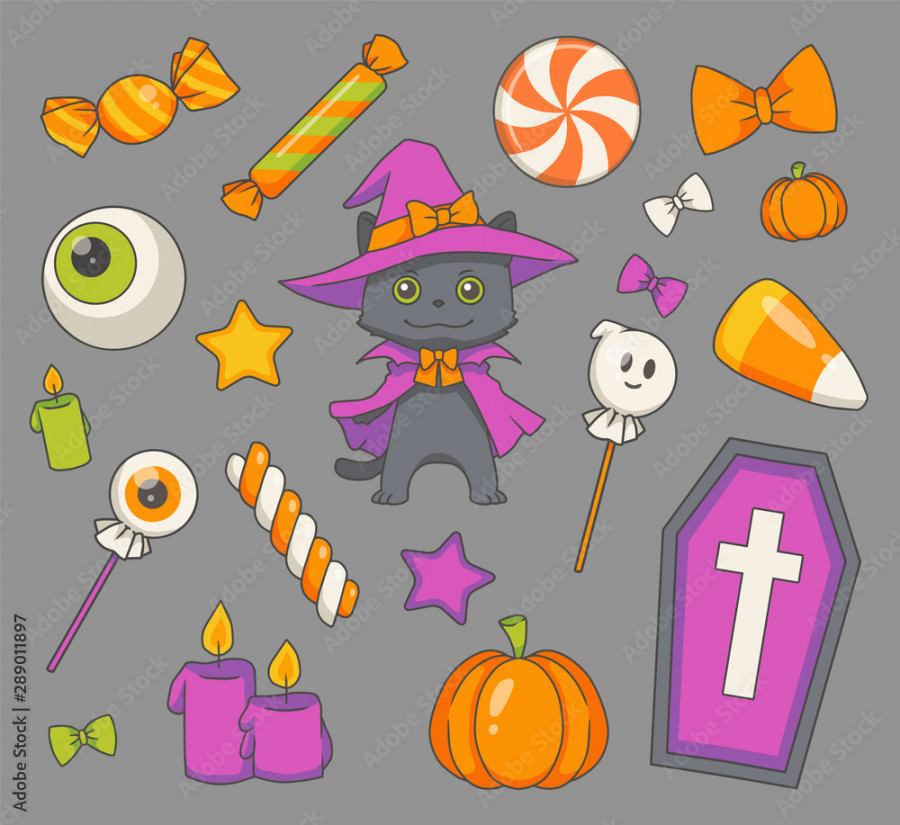 Vector art collection of cute cartoon Halloween drawings including