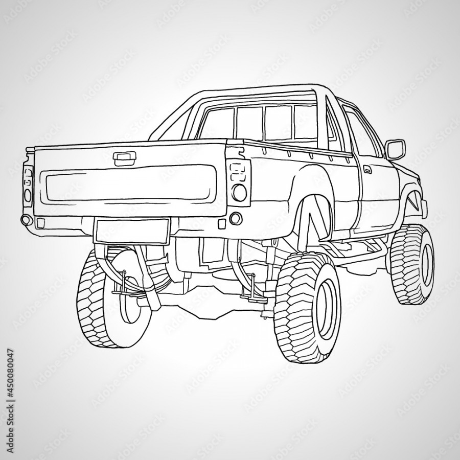 Back of Lifted Truck Reverse Illustrated Cartoon Drawing Stock