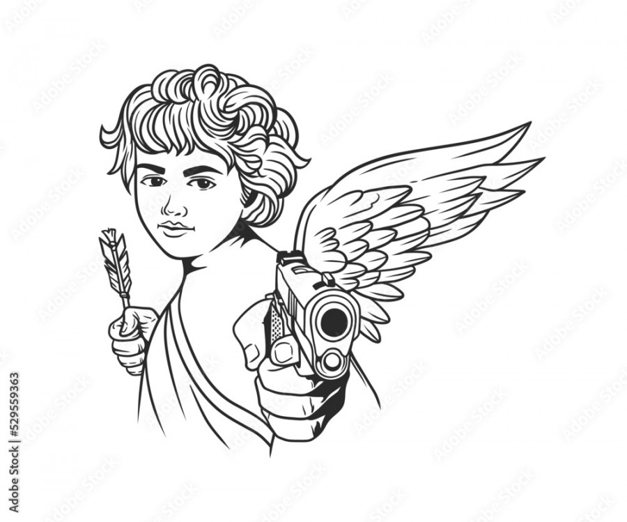 beautiful face cupid angel with wings, pointing gun and holding