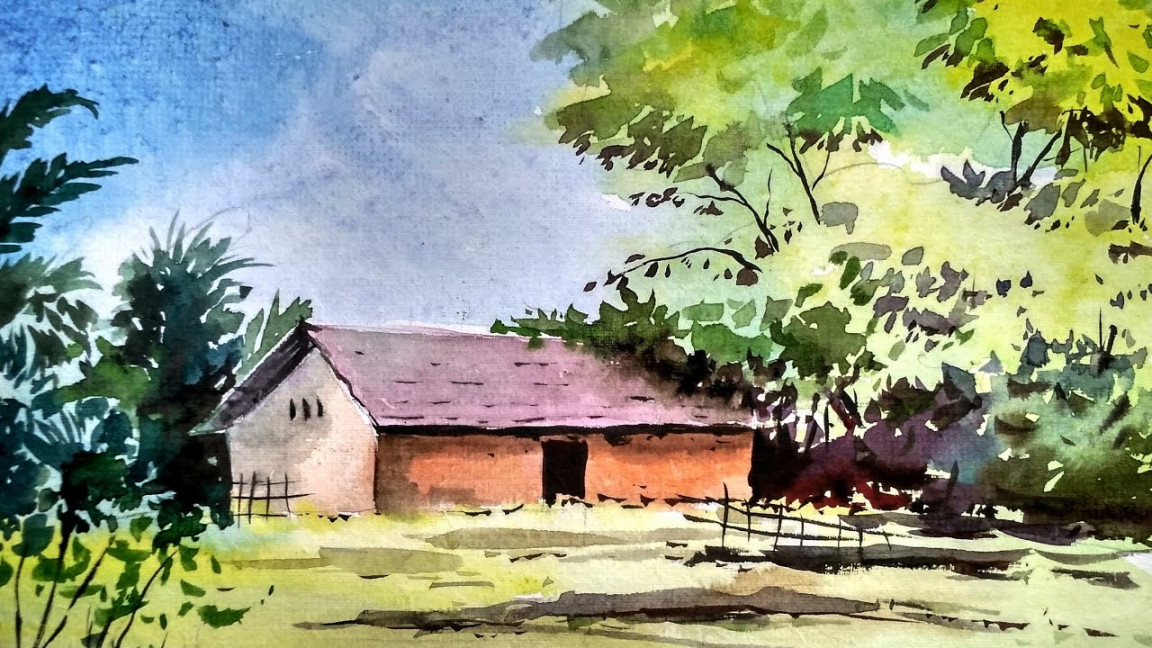 Beginners Watercolor : How to Draw A House Landscape  Paint with david