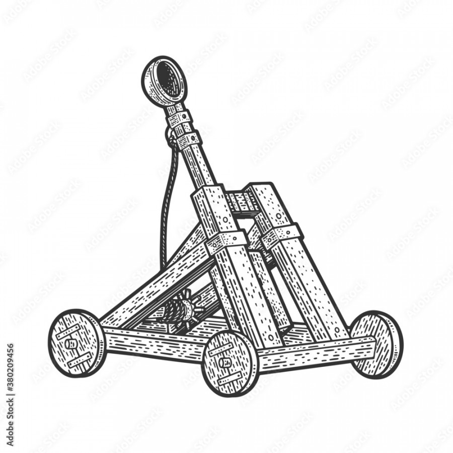 Catapult antique medieval ballistic device sketch engraving vector