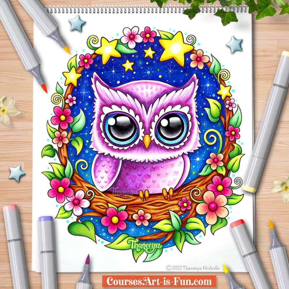 Colorful Owl Art by Thaneeya McArdle - Cute Whimsical Detailed