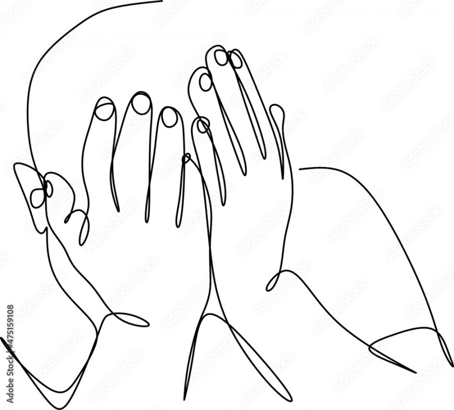 continuous drawing of a man covering his face with his hands, a