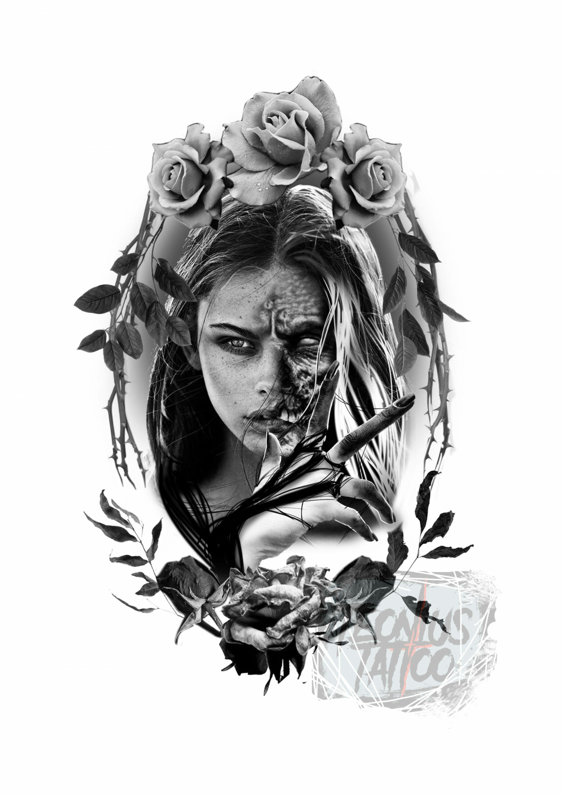 create your black and white, realistic, horror tattoo design