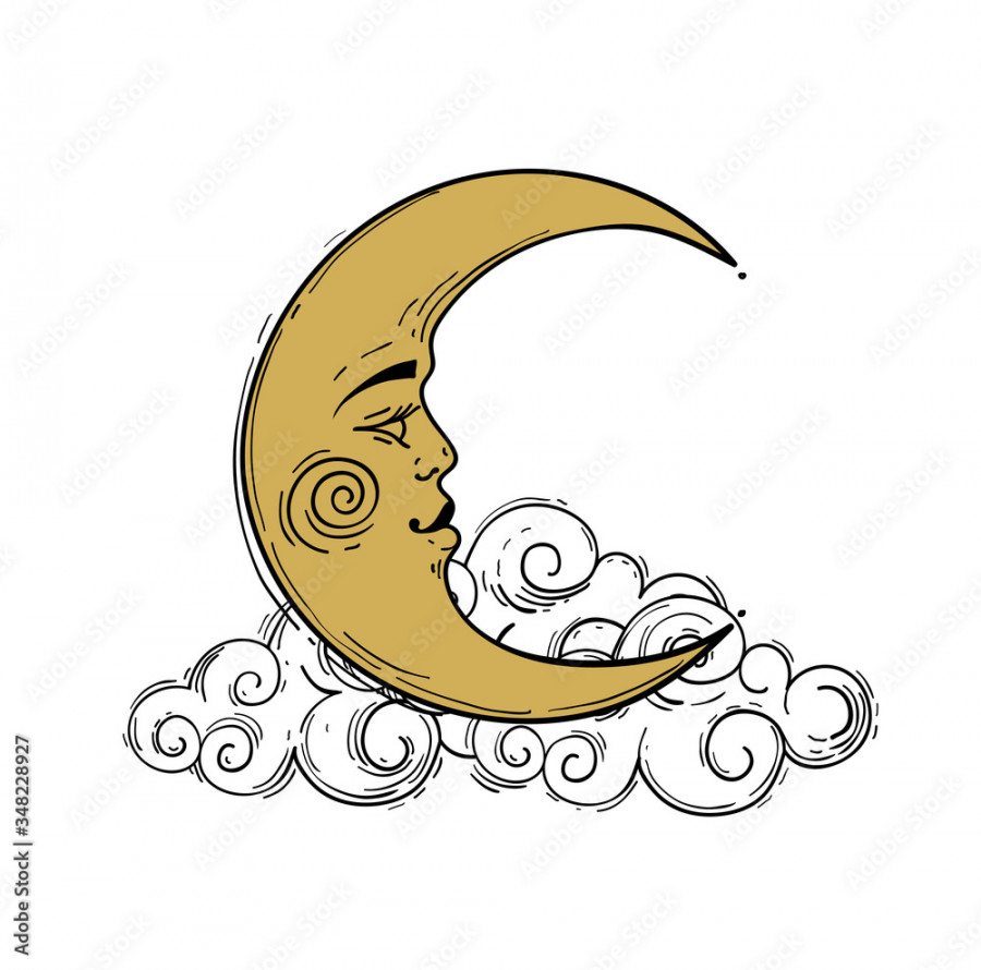 Crescent moon with face, stylized drawing, gold engraving