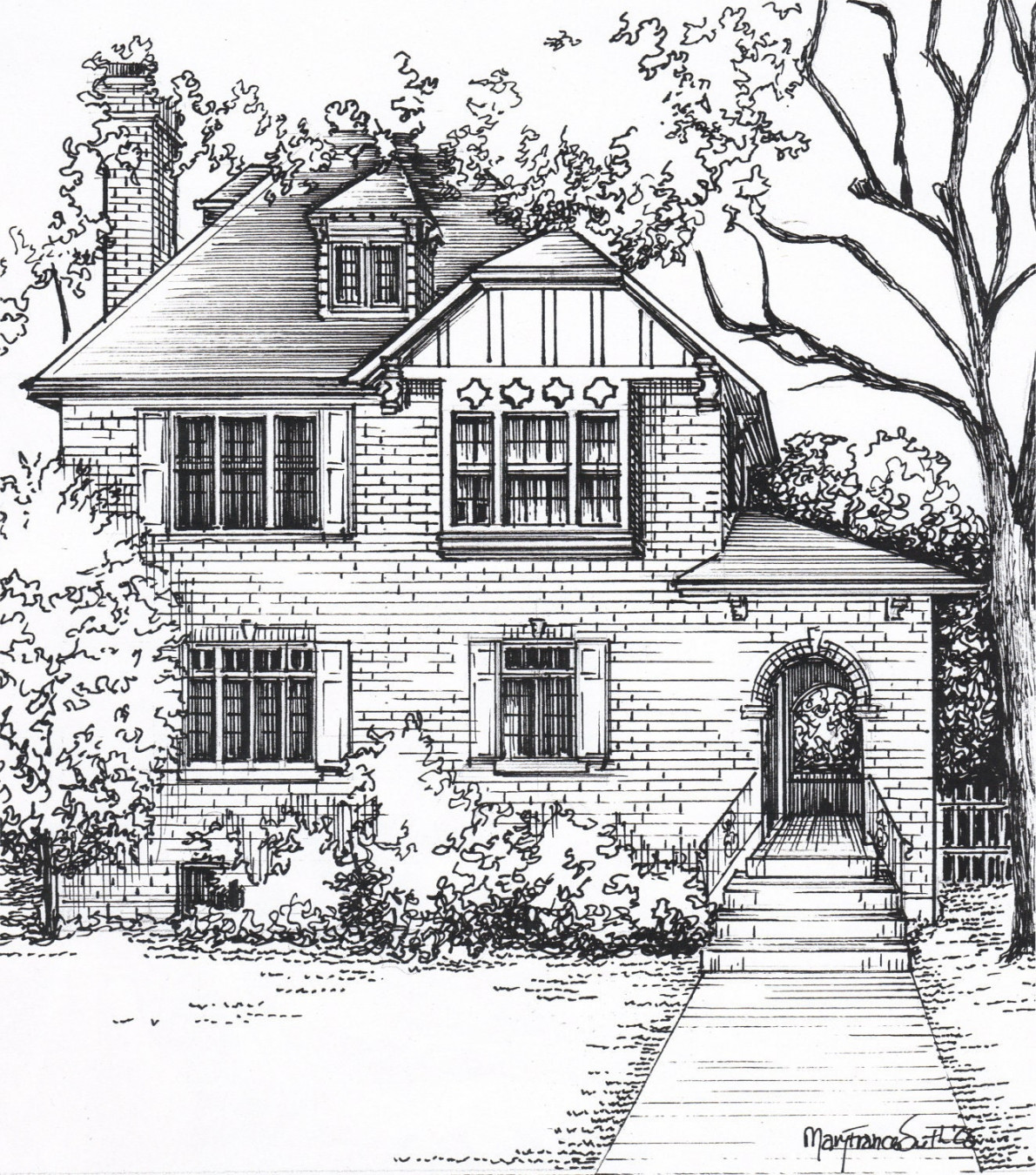 Custom House Sketch, hand drawn home portrait in ink, commissioned