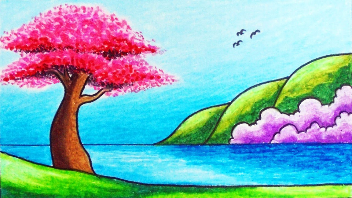 Easy Spring Season Scenery Drawing  How to Draw Simple Scenery of Cherry  Blossoms in Spring