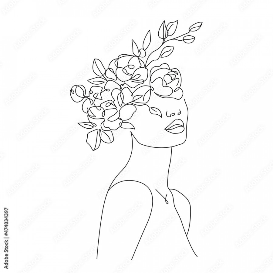 Female Floral Head Line Art Drawing