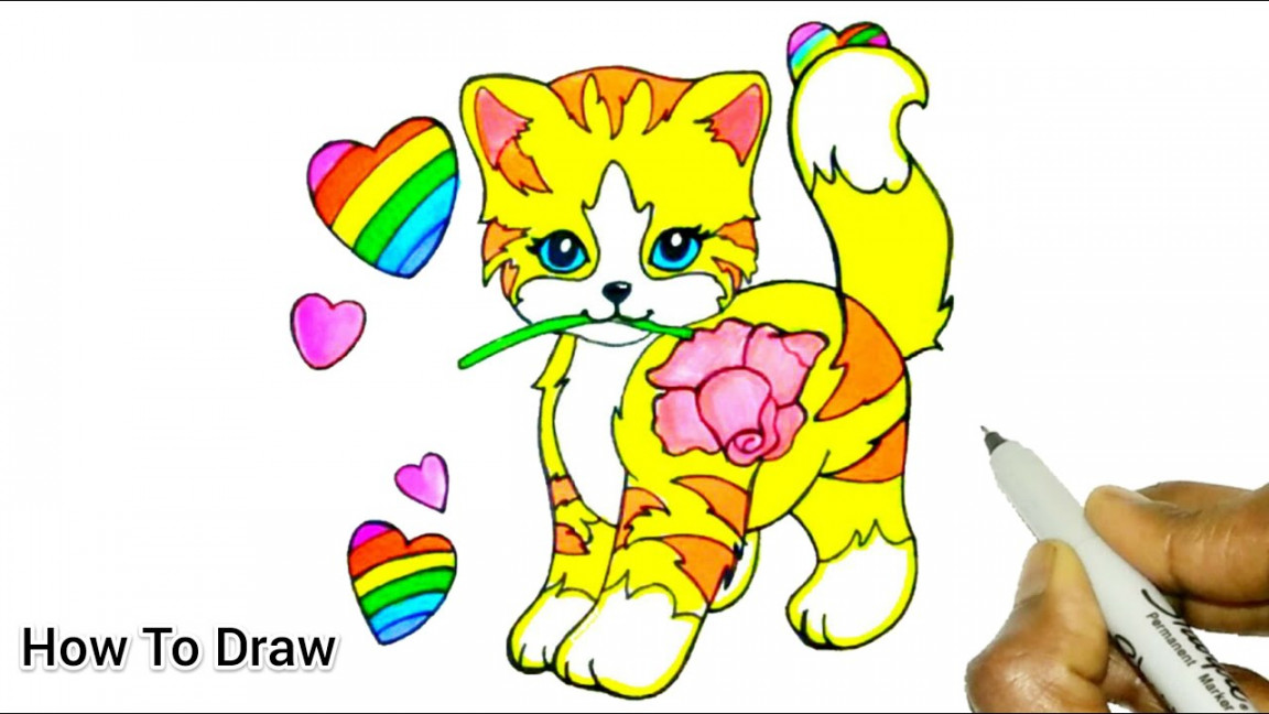 How To Draw A Cat  Lisa Frank Cat Easy 🐱  Cartooning Cute Drawings