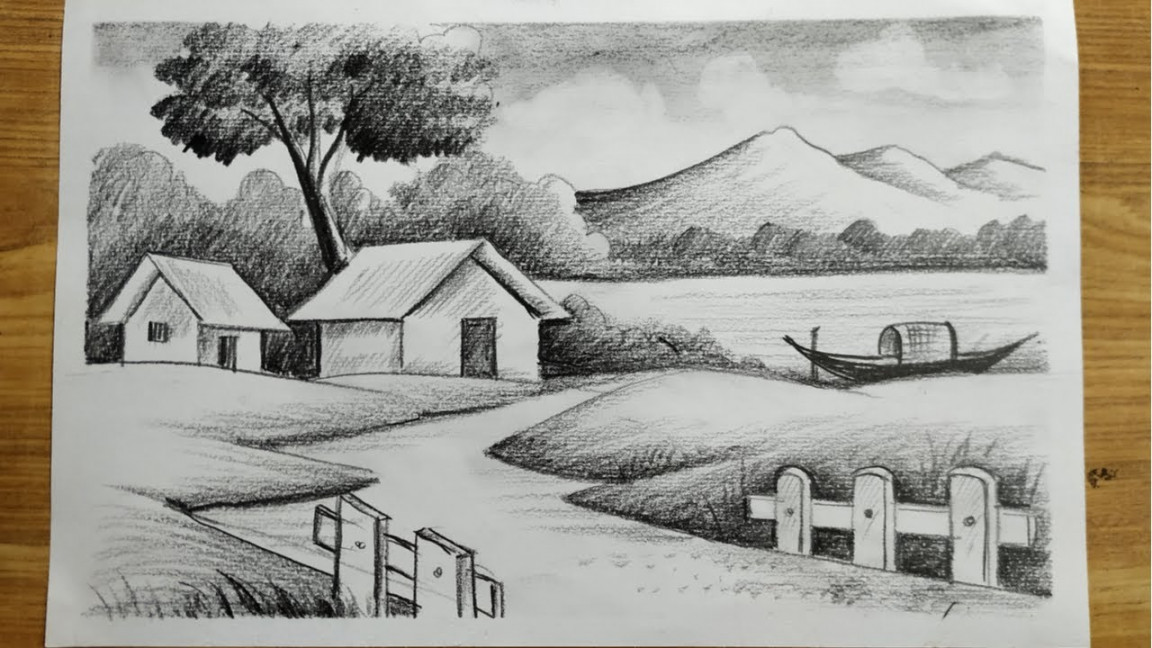 how to draw easy pencil sketch scenery,landscape pahar and river side  scenery drawing for beginners,