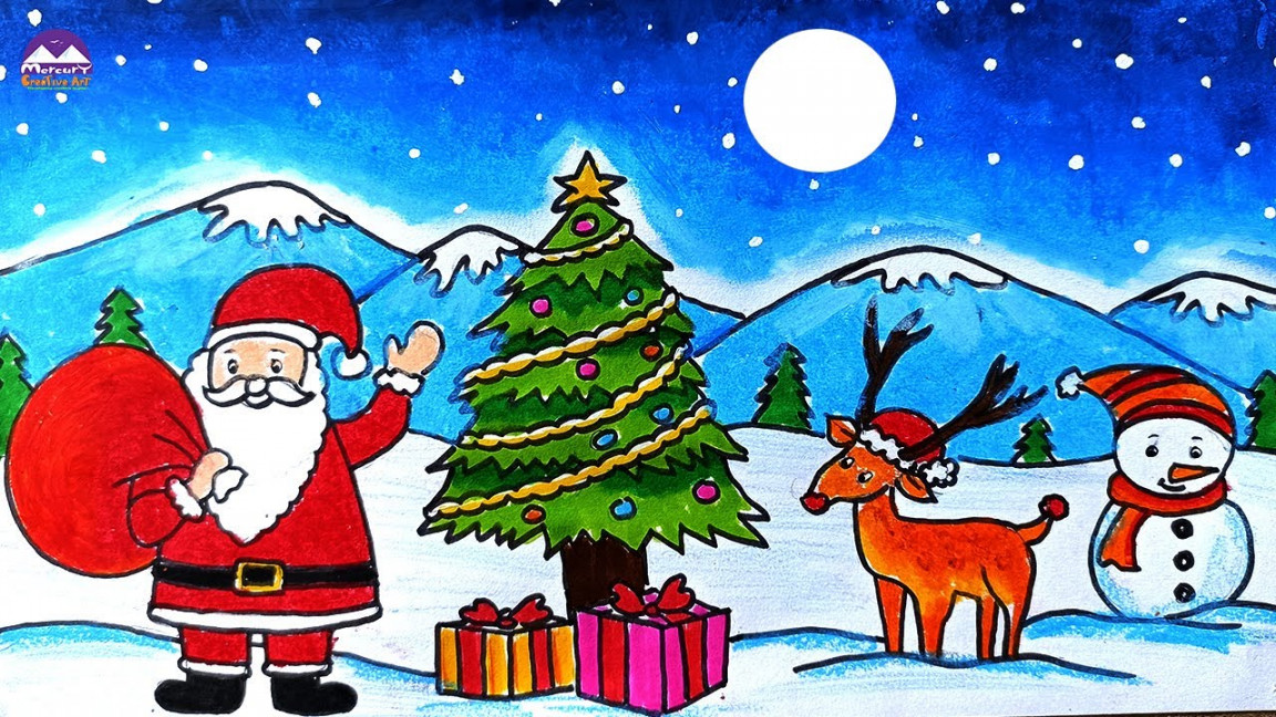 How to draw scenery santa Christmas drawing  merry christmas drawing