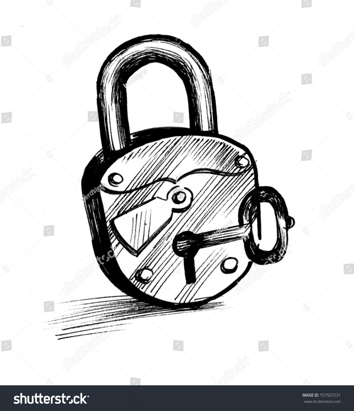 Ink Black White Drawing Lock Key: Stockillustration