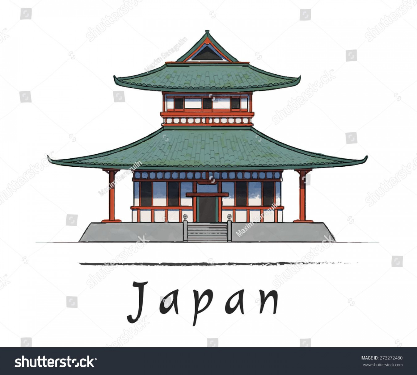 Japanese House Asian Architecture Watercolor Vector Stock Vector