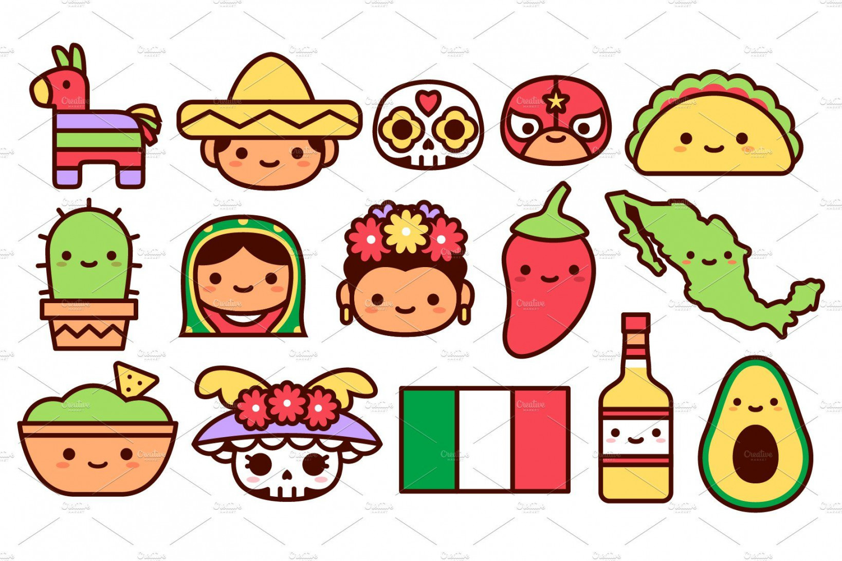 Mexican Kawaii Icons  Taco dibujo animado, Caritas kawaii para