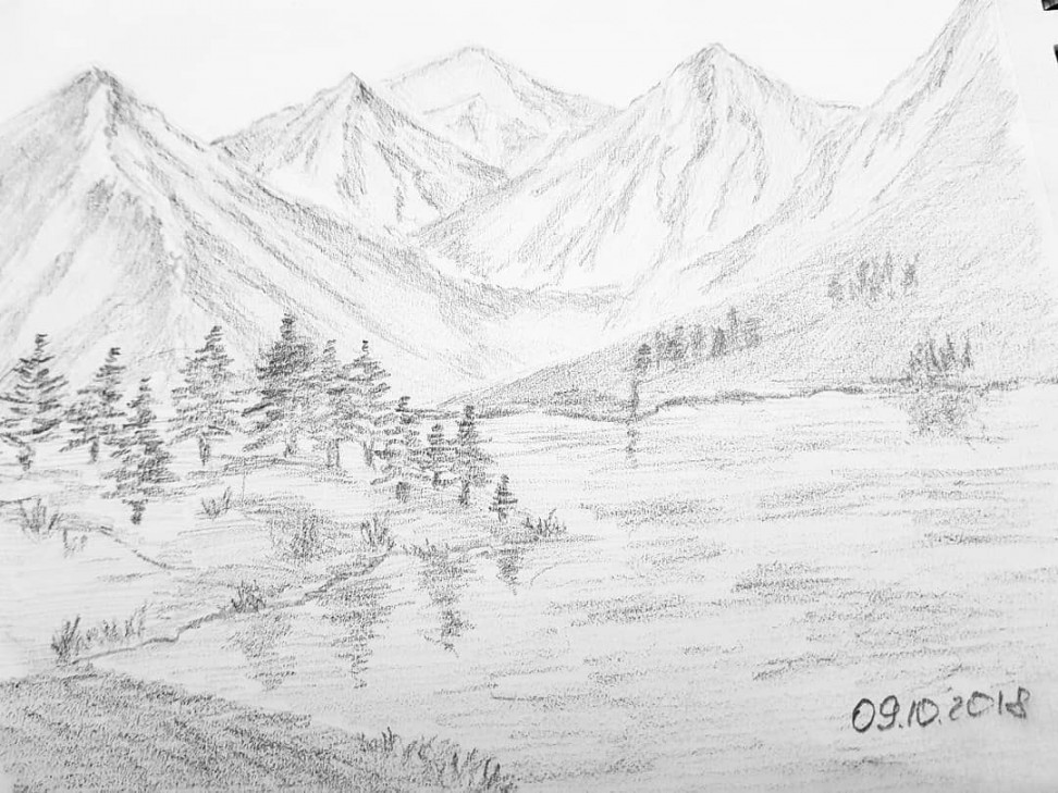 Mountain landscape, pencil drawing. My first pencil works